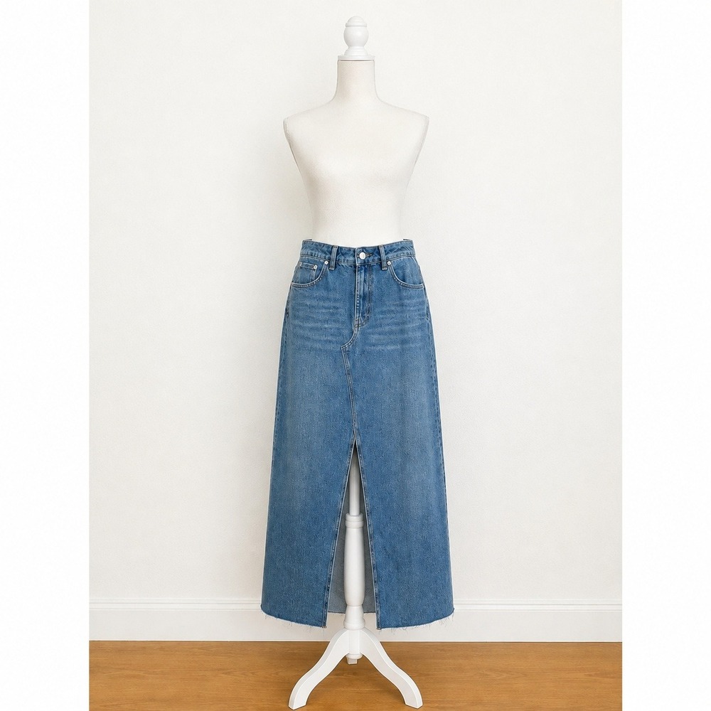 ASOS Design Blue Denim Front Split Maxi Skirt Size 8 Raw Hem 100% Cotton